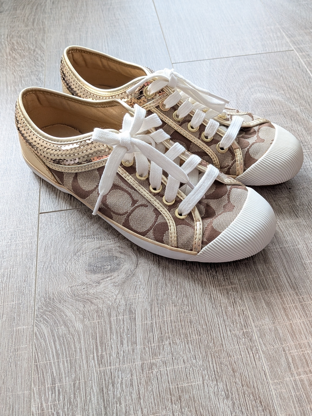 Y2K Coach Gold White Monogram Signature Canvas Zorra Sequins Sneakers 7 - Picture 5 of 7